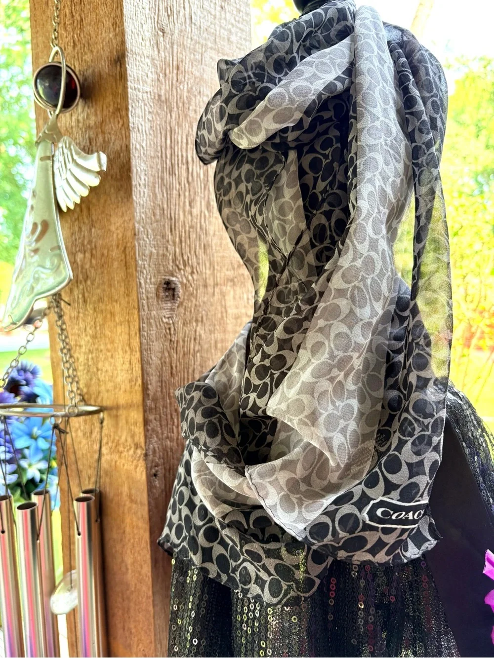 Coach Silk Black & Grey Oblong Logo Print Sheer Chiffon Scarf